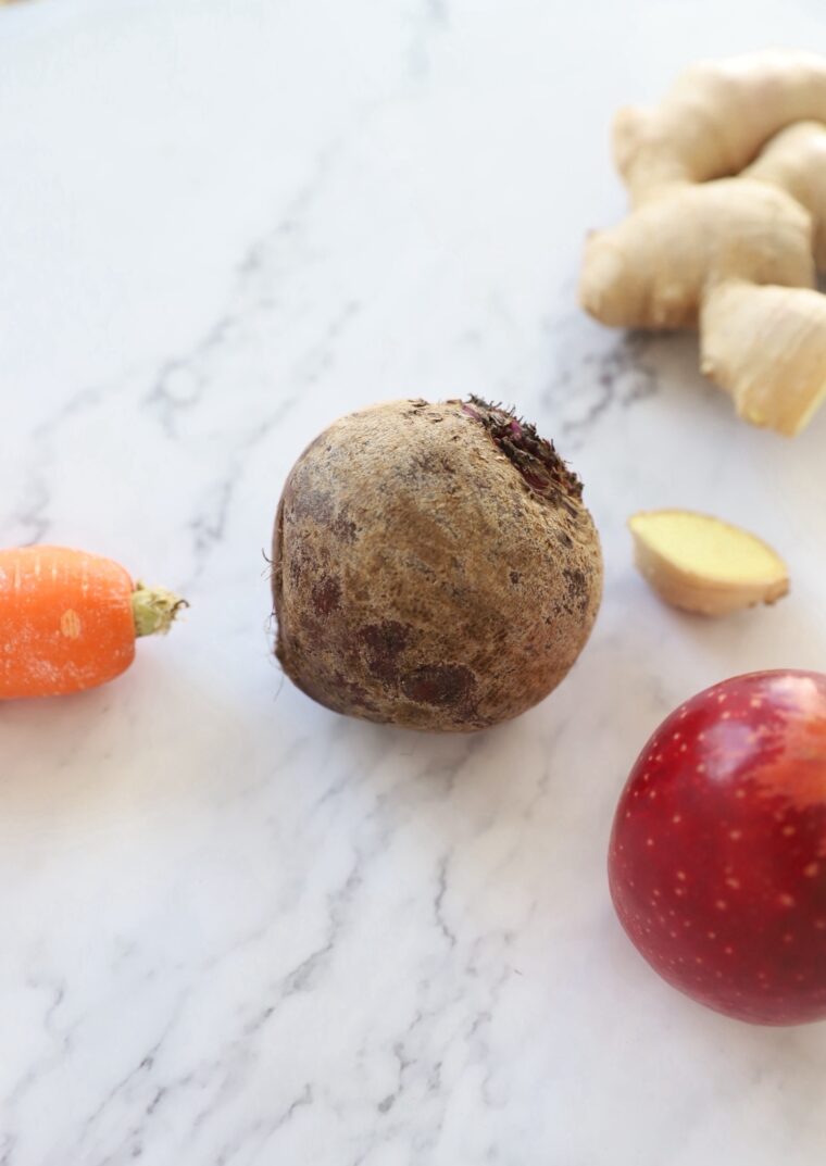 Skin-on beetroot, apple, carrot and ginger juice