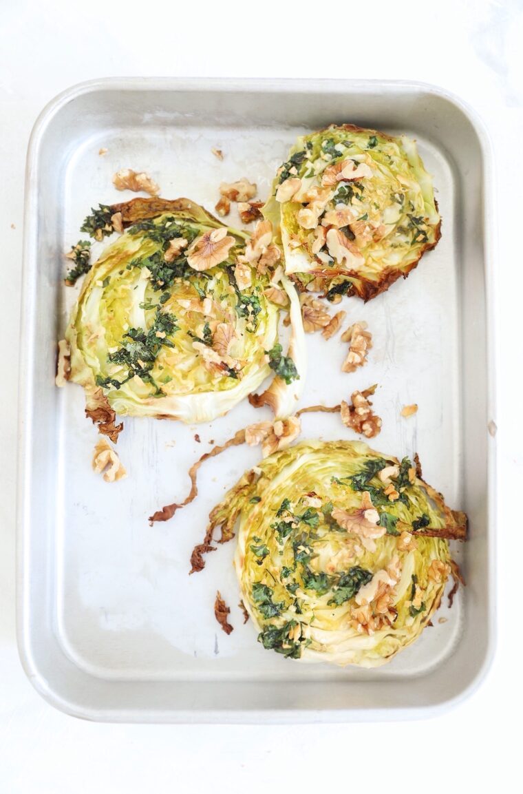 New savoy cabbage steaks recipe with a vegan cilantro pesto